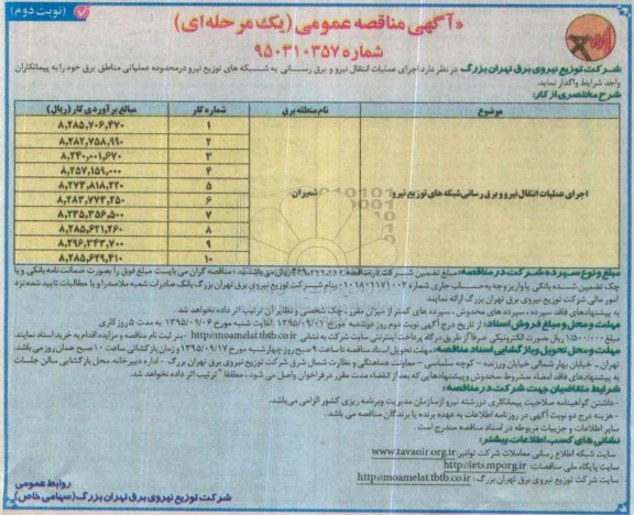 آگهی مناقصه عمومی یک مرحله ای,مناقصه اجرای عملیات انتقال نیرو و برق رسانی شبکه های توزیع نیرو - نوبت دوم