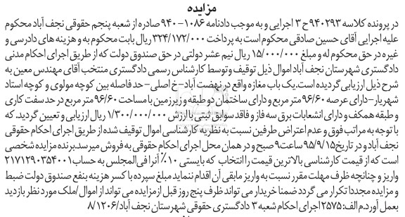 مزایده,مزایده یکباب مغازه با عرصه 96.60مترمربع