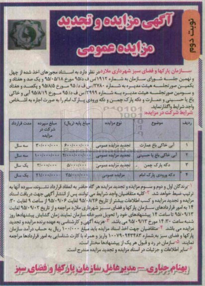 آگهی مزایده عمومی، مزایده و تجدید مزایده آبی خاکی باغ عمارت ..... نوبت دوم