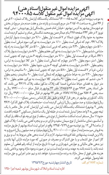 مزایده,مزایده ششدانگ اپارتمان بخش دو شهرستان بوشهر