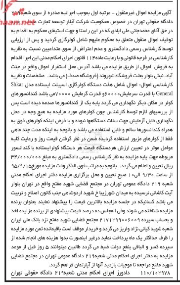مزایده هفت دستگاه کولر گازی اسپیلت ایستاده