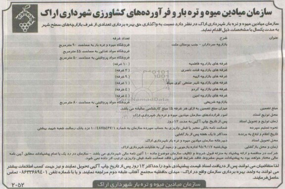 مزایده, مزایده نسبت به واگذاری حق بهره برداری تعدادی از غرف بازارچه های سطح شهر