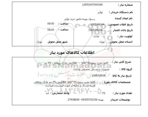 استعلام, استعلام کاغذ تحریر سفید 100*70-80 گرمی مارک پرتغالی -76 بند