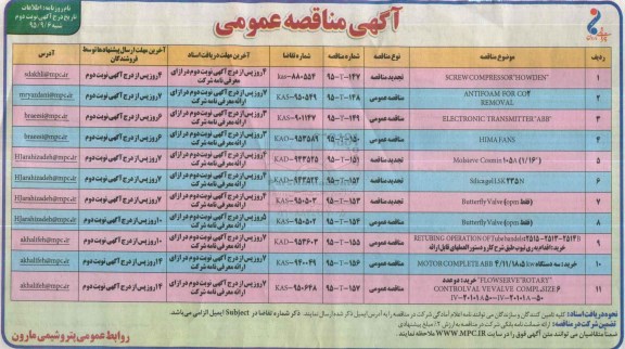 آگهی مناقصه عمومی , مناقصه screw compressor howdwn- نوبت دوم 