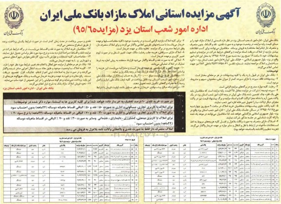 مزایده,مزایده استانی املاک مازاد بانک ملی ایران 95.9.6