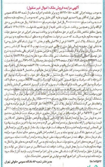 مزایده,مزایده ششدانگ اپارتمان مساحت 41/70متر