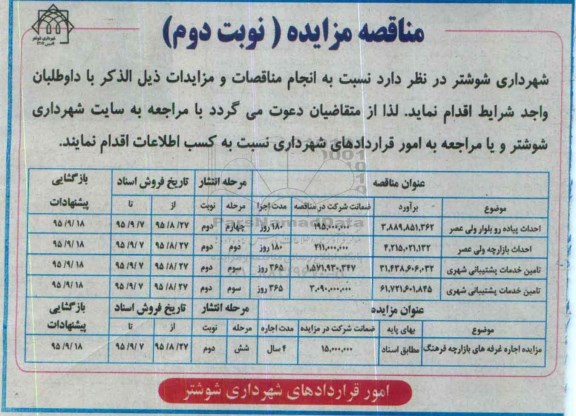 مناقصه , مناقصه احداث پیاده رو بلوار ولی عصر نوبت دوم