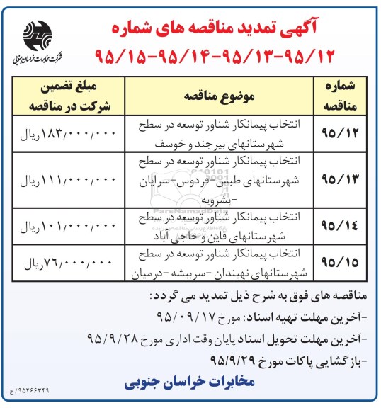 مناقصه , مناقصه انتخاب پیمانکار شناور توسعه در سطح شهرستانهای بیرجند....تمدید