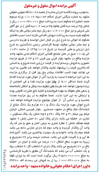 مزایده,مزایده یکدانگ و 701 هزارم یک دانگ مشاع از ششدانگ ملک