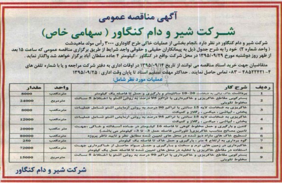 آگهی مناقصه عمومی, مناقصه انجام بخشی از عملیات خاکی طرح گاوداری