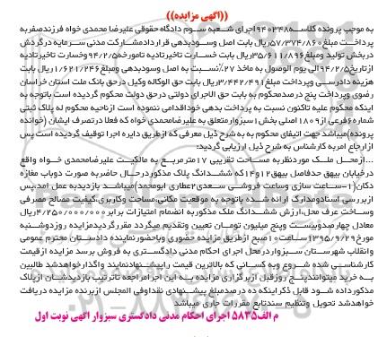 مزایده,مزایده پلاک ثبتی بخش 1 سبزوار