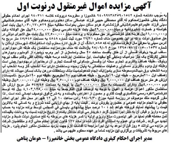 مزایده,مزایده ملک شماره 27/21 به مساحت 45/545 متر مربع کلاسه 940311