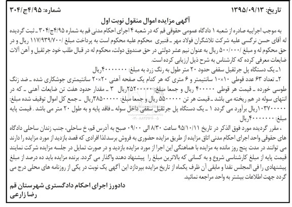 مزایده, مزایده یک دستگاه پل جرثقیل سقفی....
