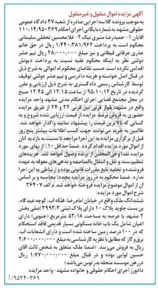 مزایده,مزایده ششدانگ ملک با عرصه 52/18مترمربع