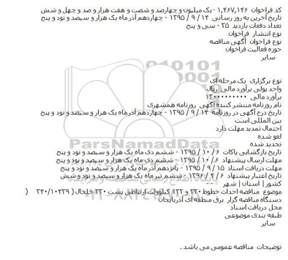 مناقصه احداث خطوط ۲۳۰ و ۱۳۲ کیلوولت ارتباطی پست ۲۳۰ خلخال