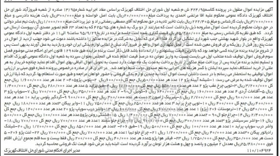 آگهی مزایده اموال منقول , مزایده فروش لوازم یدکی شامل شیشه آیینه پژو ، پلوس پژو 405 ....