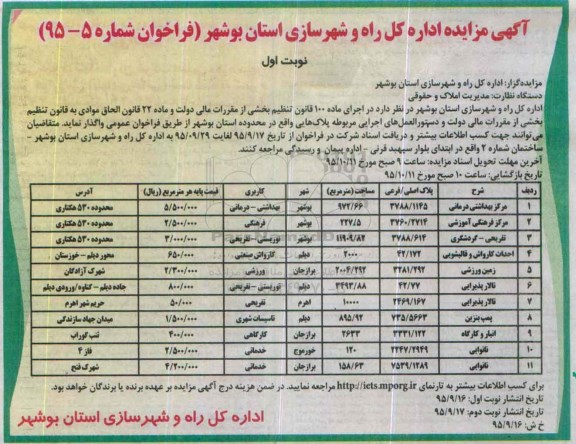 آگهی مزایده , مزایده واگذاری مرکز بهداشتی درمانی و ...