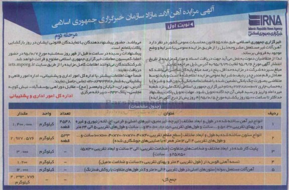 آگهی مزایده , مزایده فروش آهن آلات مازاد - مرحله دوم نوبت اول