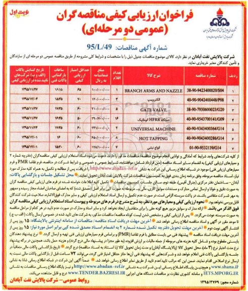 فراخوان ارزیابی کیفی مناقصه گران،فراخوان ارزیابی کیفی مناقصه گران خرید BRANCH ARMS AND NAZZLE....