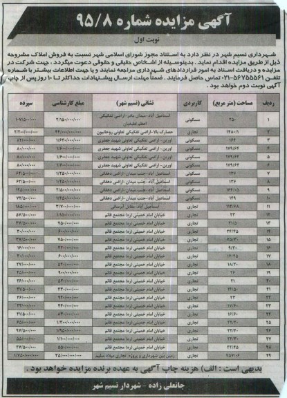 مزایده,مزایده فروش املاک کاربری مسکونی تجاری 