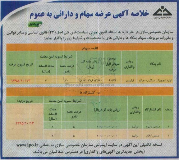 خلاصه آگهی مزایده , مزایده عرضه سهام و دارایی