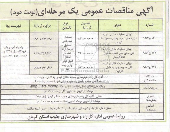 آگهی مناقصات عمومی, مناقصه اجرای عملیات خاکی و ابنیه فنی نوبت دوم