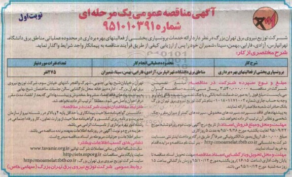 آگهی مناقصه عمومی یک مرحله ای, مناقصه برونسپاری بخشی از فعالیتهای بهره برداری