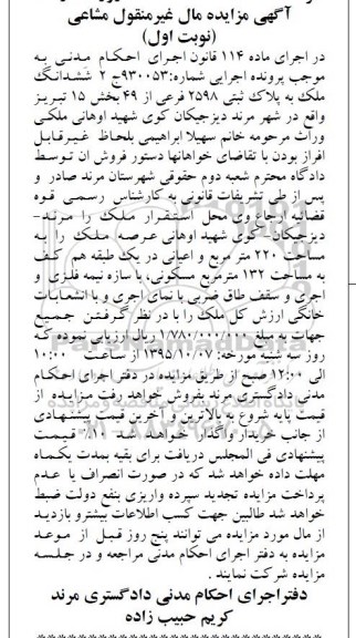 مزایده,مزایده ششدانگ ملک با عرصه 220متر نوبت اول