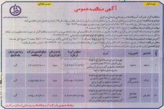 آگهی مناقصه عمومی دو مرحله ای , مناقصه اجرای تعدادی از پروژه های آبرسانی به روستاهای...