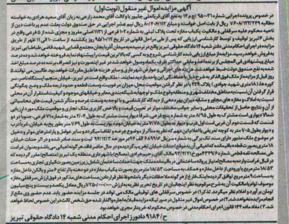 مزایده,مزایده سرقفلی و مالکیت یکباب مغازه بخش شش نوبت اول
