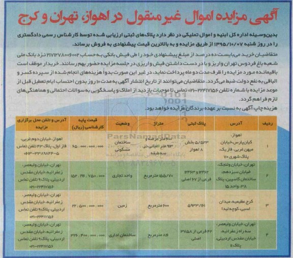 مزایده,مزایده فروش پلاکهای ثبتی در اهواز.تهران و کرج 95.9.23