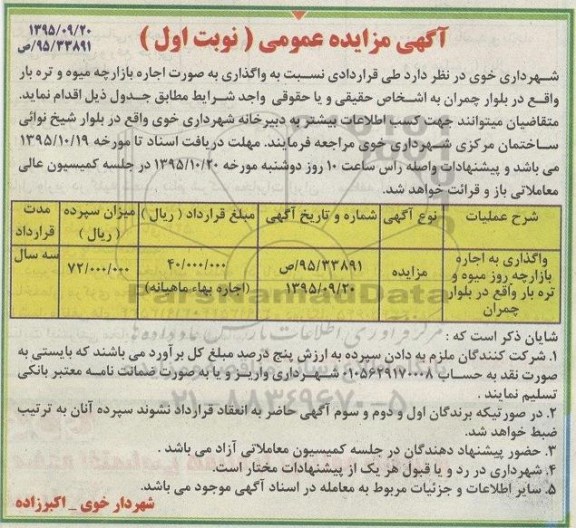آگهی مزایده عمومی, مزایده واگذاری به اجاره بازارچه روز میوه و تره بار