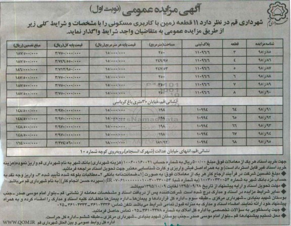 مزایده,مزایده 11 قطعه زمین مسکونی