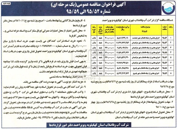 مناقصه, مناقصه اجرای بخشی از شبکه فاضلاب - نوبت دوم