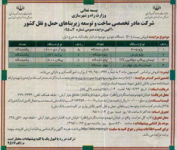 آگهی مزایده عمومی, مزایده فروش بیست دستگاه خودرو موجود در انبار یافت آباد 