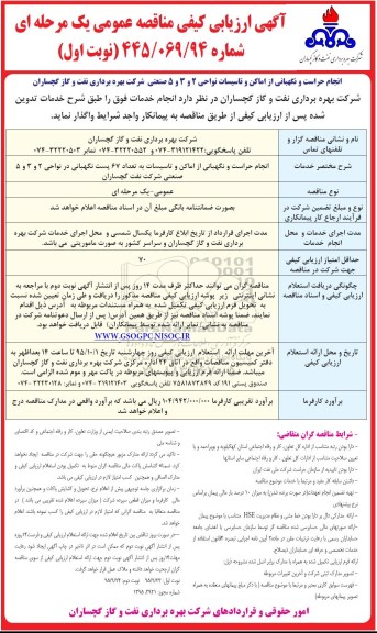 آگهی ارزیابی کیفی مناقصه عمومی, مناقصه انجام حراست و نگهبانی از اماکن و تاسیسات نواحی 2و 3 و 5 صنعتی