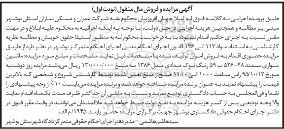 مزایده,مزایده ماشین سواری سمند مدل 86