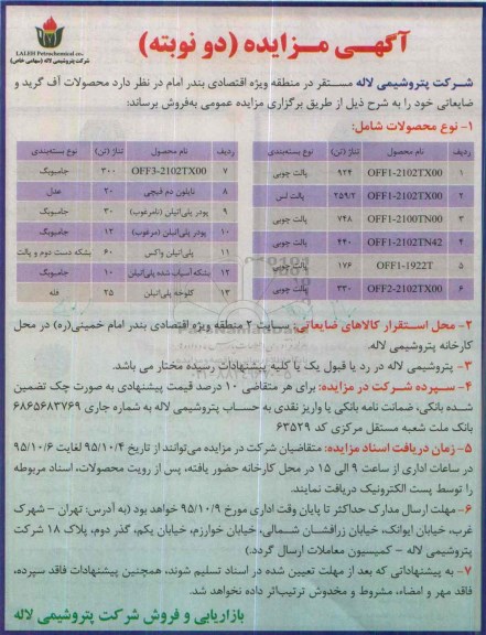 آگهی مزایده , مزایده محصولات آف گرید و ضایعاتی 