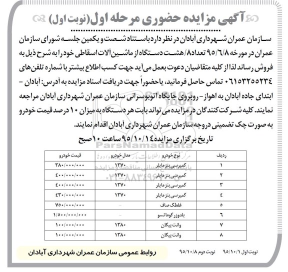 آگهی مزایده حضوری , مزایده فروش تعداد 8 دستگاه از ماشین آلات اسقاطی