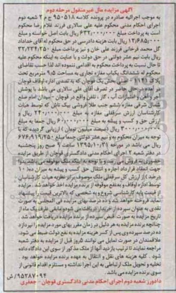 مزایده,مزایده ششدانگ مغازه تجاری به مساحت 9.5مترمربع