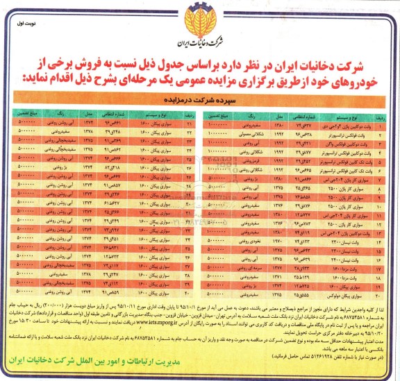 آگهی مزایده,مزایده  فروش برخی از خودروها