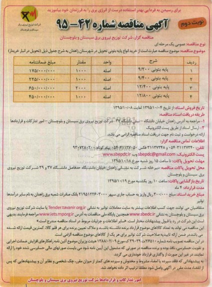 آگهی مناقصه, مناقصه خرید انواع پایه بتونی - نوبت دوم 