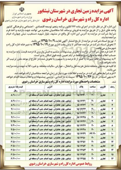 مزایده,مزایده زمین تجاری در شهرستان نیشابور 