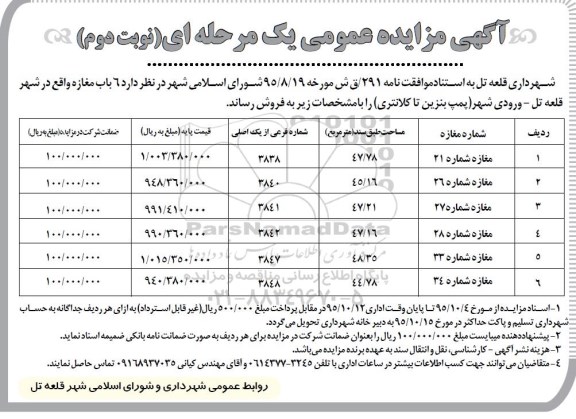 مزایده,مزایده شش باب مغازه یک مرحله ای نوبت دوم 