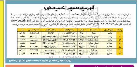 آگهی مزایده عمومی یک مرحله ای,مزایده تعداد هفت دستگاه از خودروهای مازاد