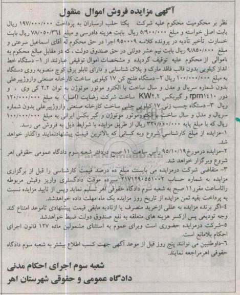 مزایده, مزایده دستگاه خط اندازه کیلویی ....