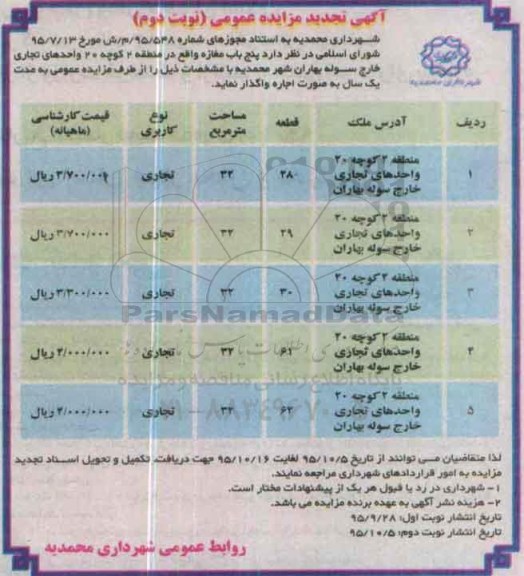 تجدید آگهی مزایده عمومی, مزایده پنج باب مغازه -نوبت دوم