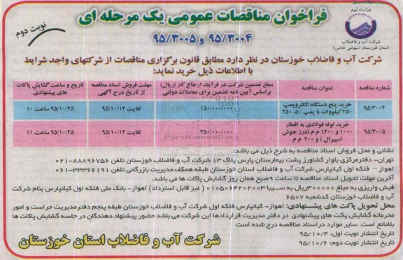 فراخوان , فراخوان خرید پنج دستگاه الکتروپمپ 250 کیلو وات با پمپ 50-250 نوبت دوم