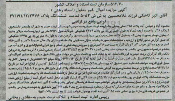 مزایده,مزایده تمامت ششدانگ پلاک 47/191/12/2476 فرعی