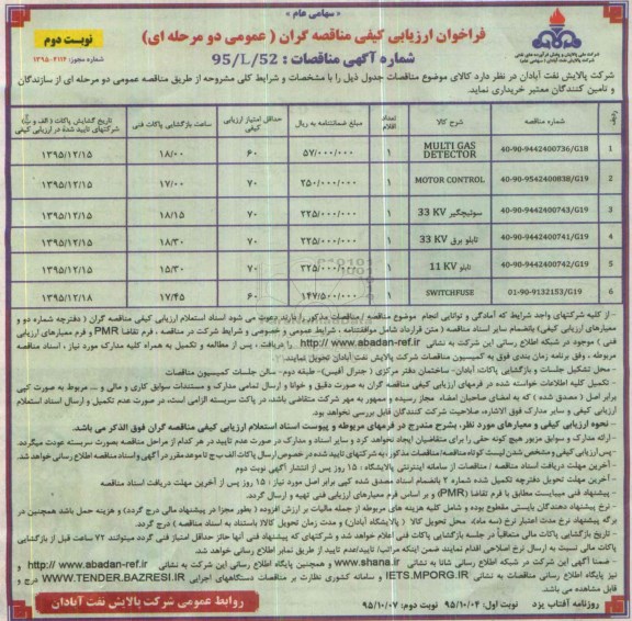 فراخوان ارزیابی کیفی مناقصه گران, مناقصه MULTI GAS DETECTOR و ...نوبت دوم
